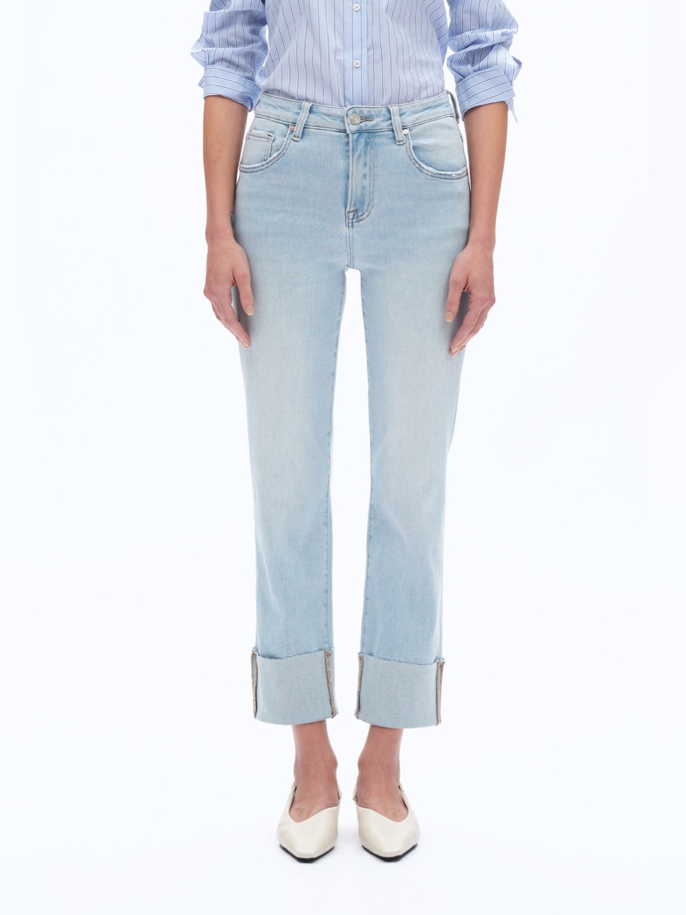 BAYEAS High Rise Straight Leg Ankle Jeans Rolled Raw Hem Light Wash Size 29